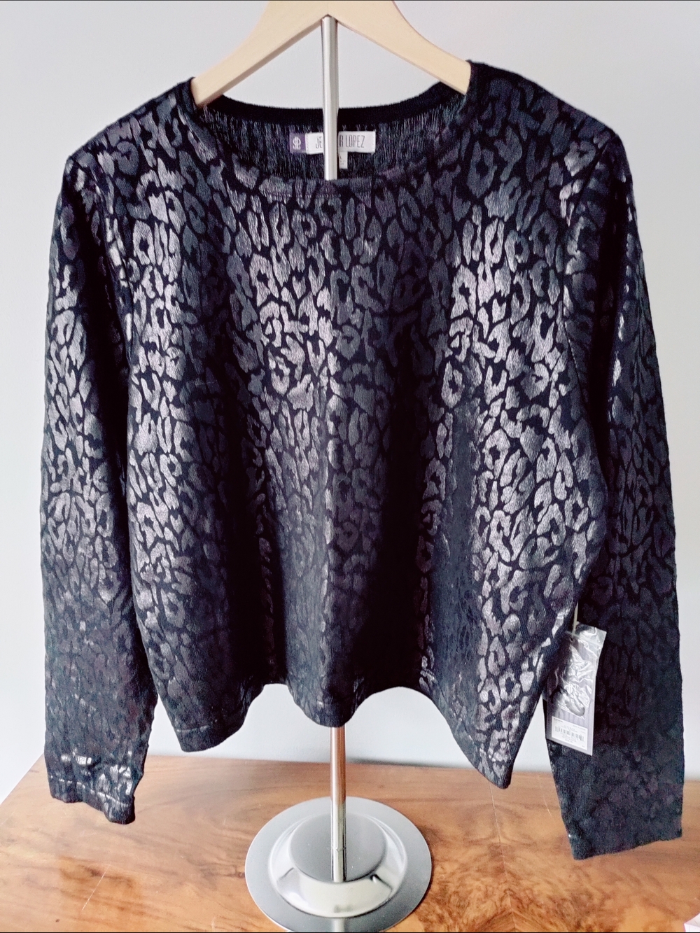 Jennifer Lopez Black Metallic Leopard-Print Crewneck Top